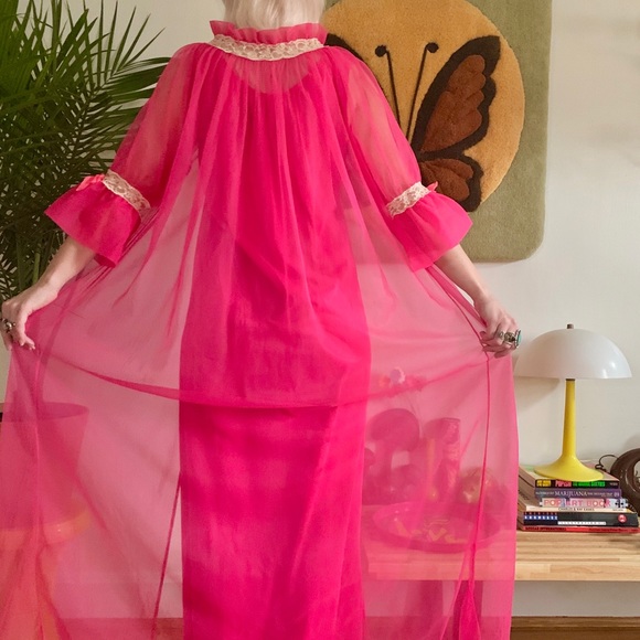 Vintage 70s got pink lingerie set peignoir robe ML - Picture 4 of 8